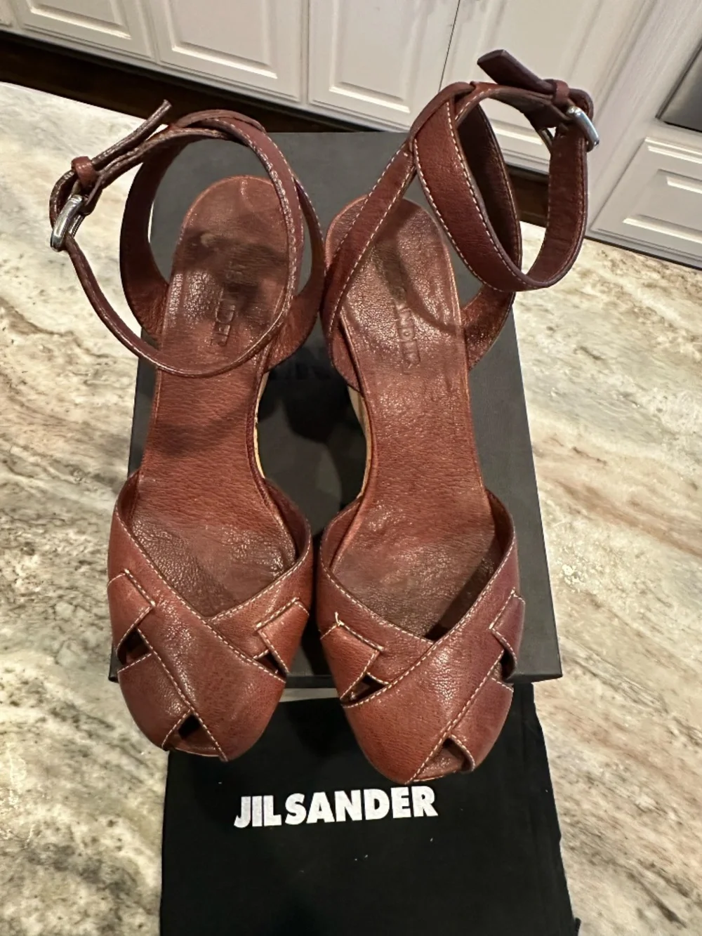 Jil Sander Y2K Leather Cork Wood Wedge Sandals Brown 37.5 Made in Italy
